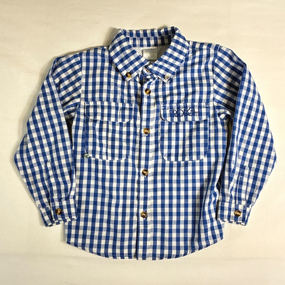 Prodoh Gingham Fishing Shirt Boys Size 5 Blue Check Vented Performance Preppy